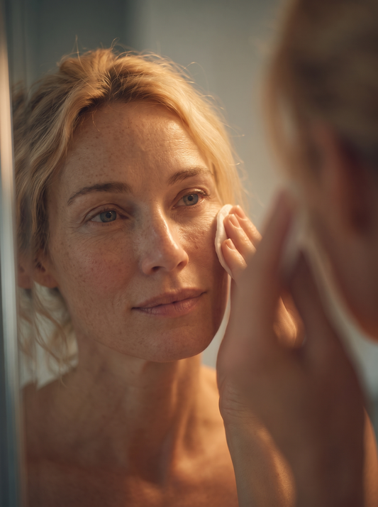 Vrouw reinigt haar gezicht met de natuurlijke gezichtsreiniger PURITY van Living Skin