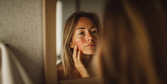 Vrouw kijkt in spiegel naar rode vlekken op het gezicht