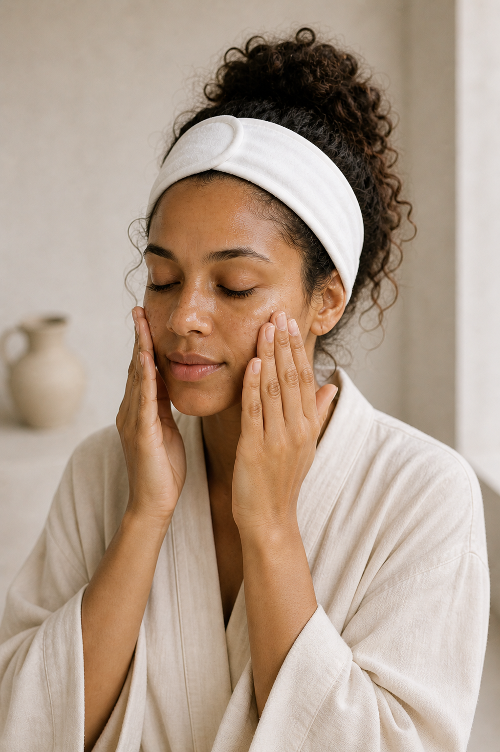 Vrouw draagt haarband van Living Skin bij het gezichtsverzorgingsritueel