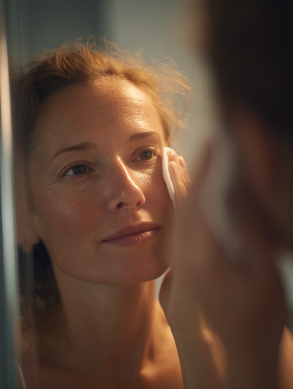 Vrouw reinigt haar gezicht met de natuurlijke gezichtsreiniger PURITY van Living Skin