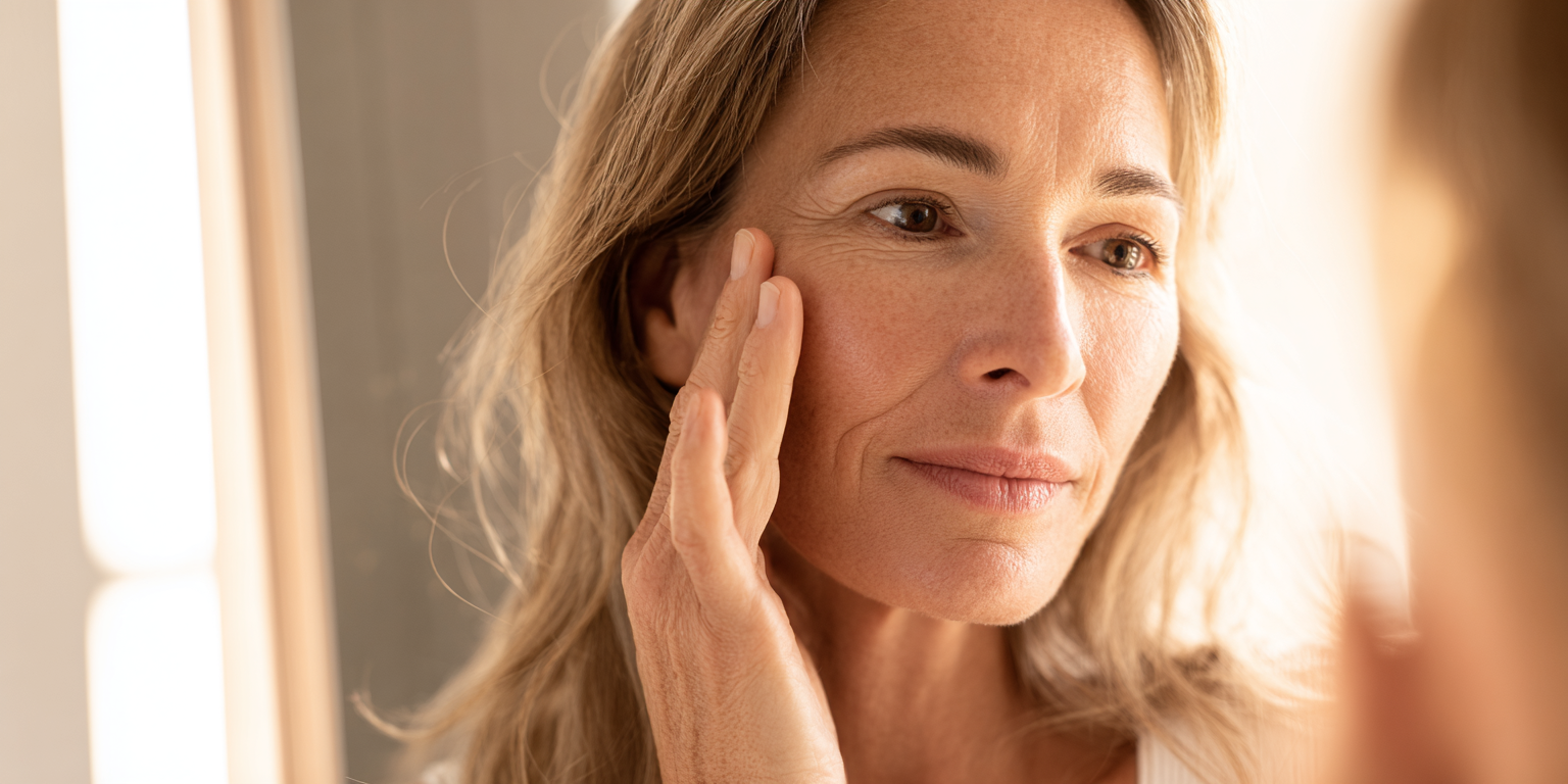 Vrouw met oudere huid raakt haar gezicht aan
